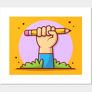 Cute Hand With Pencil Cartoon Vector Icon Illustration Posters and Art